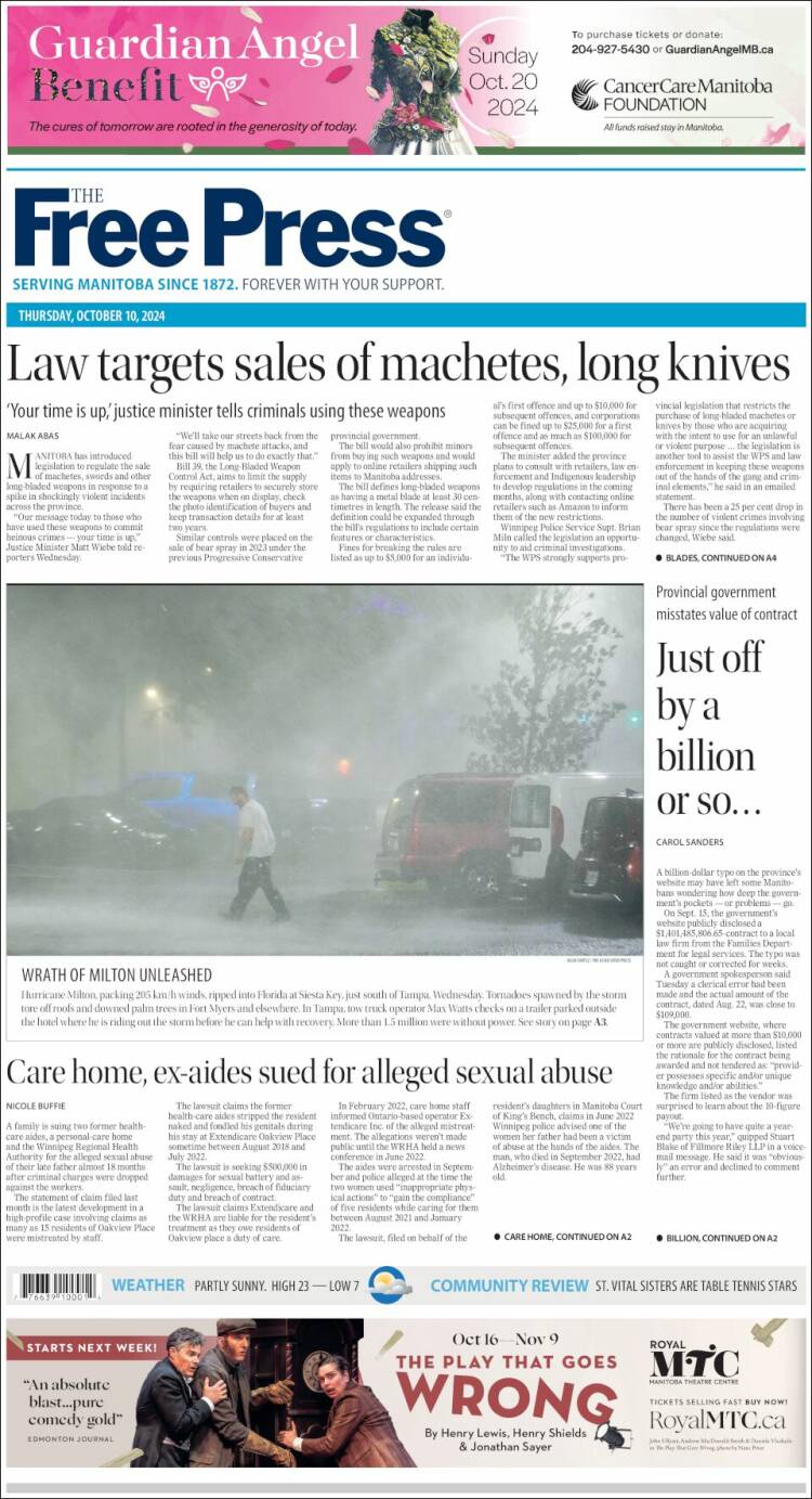 Portada de Winnipeg Free Press (Canada)