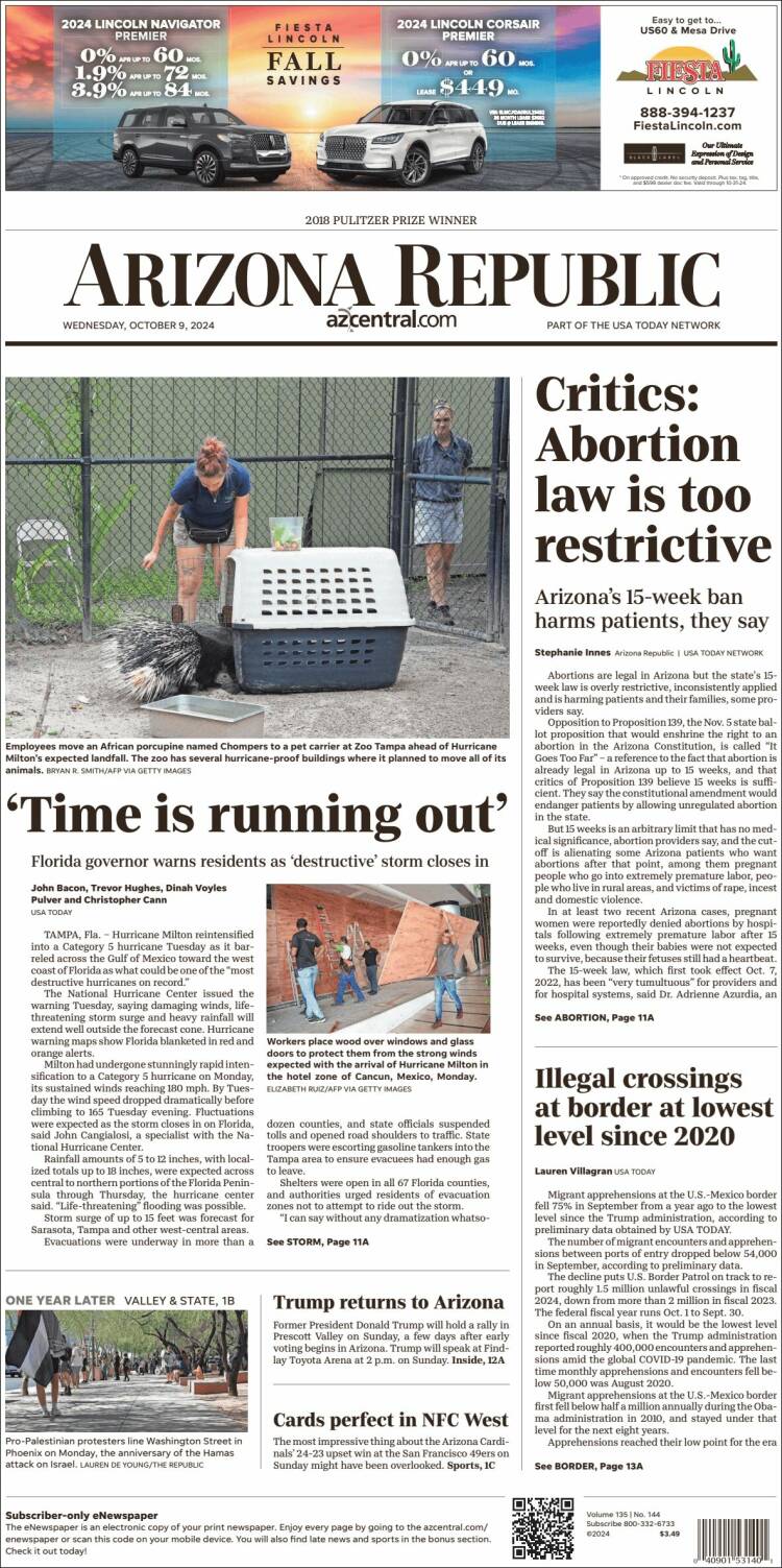 Portada de Arizona Republic News (USA)