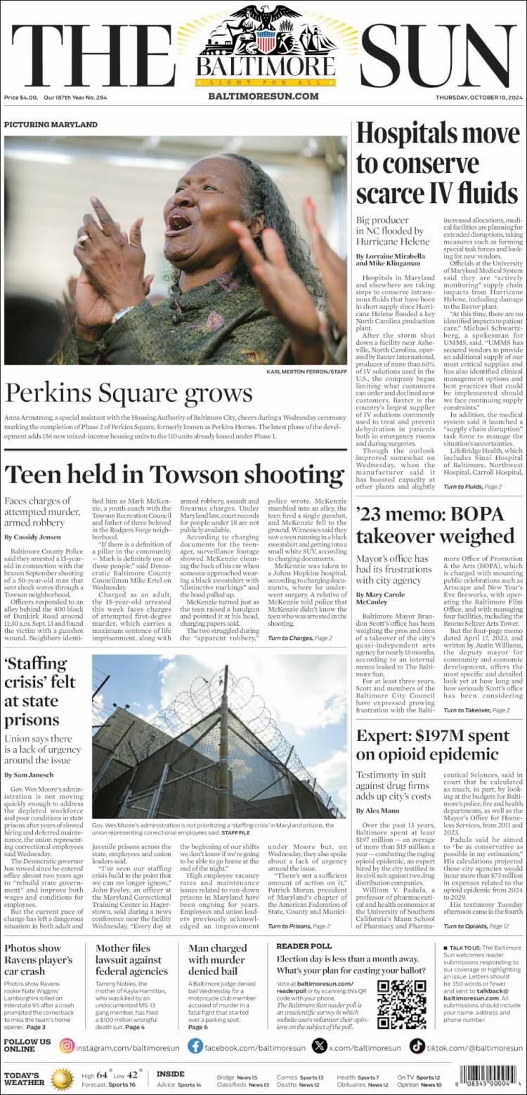 Portada de The Baltimore Sun (USA)