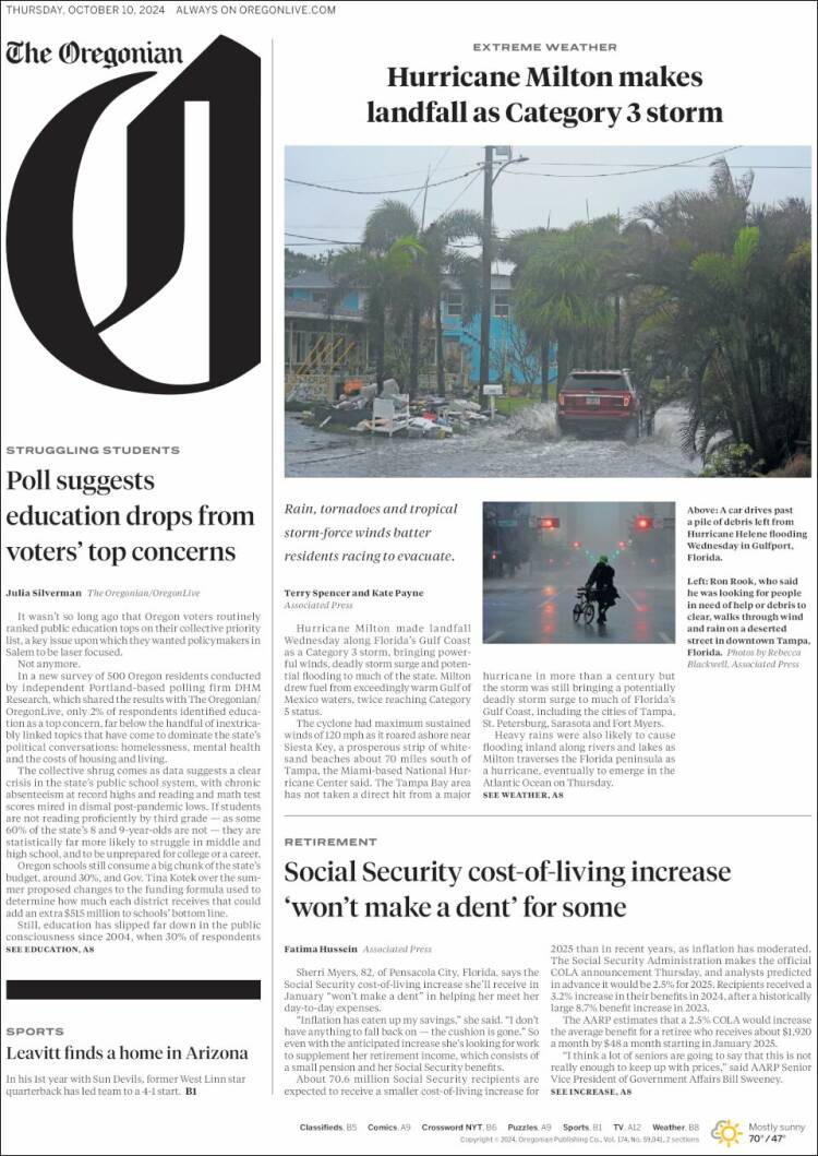 Portada de The Oregonian (USA)