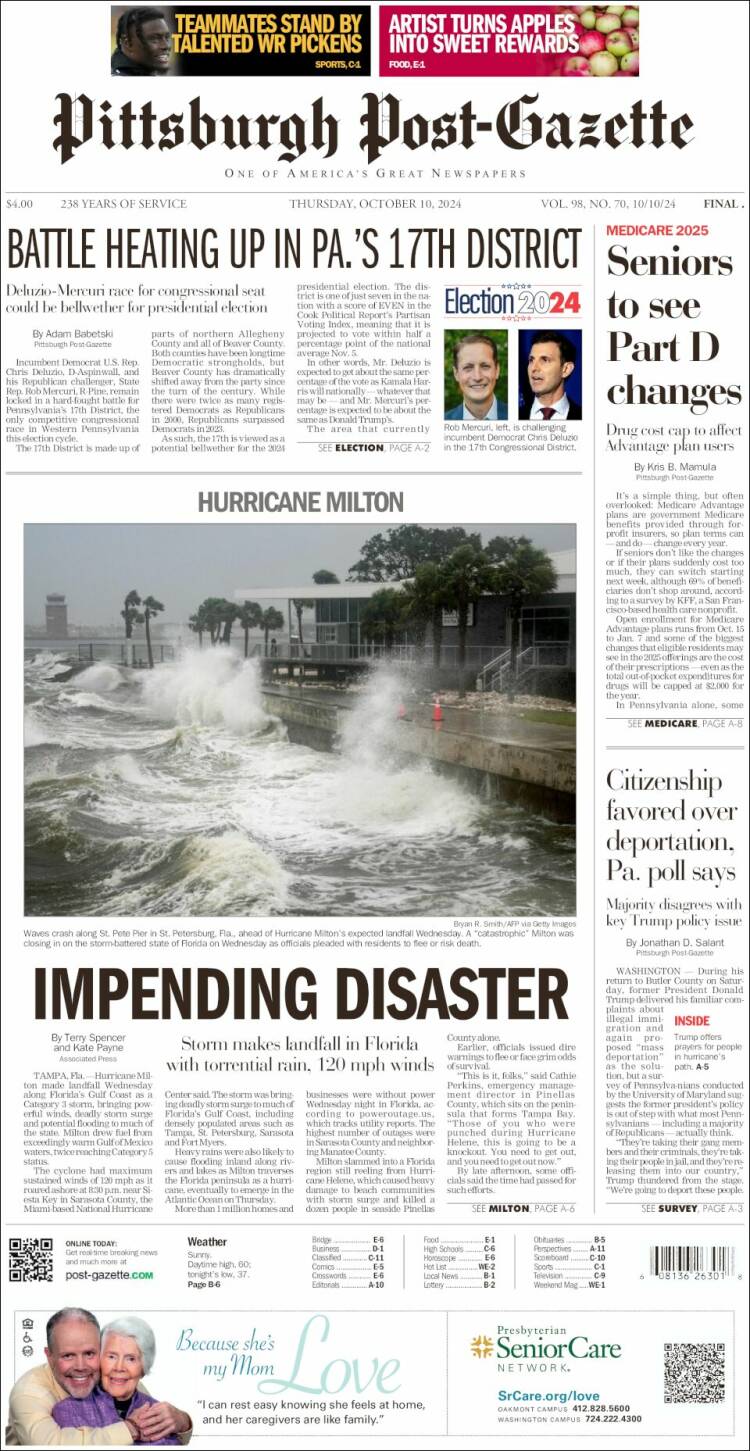 Portada de Pittsburgh Post-Gazette (USA)