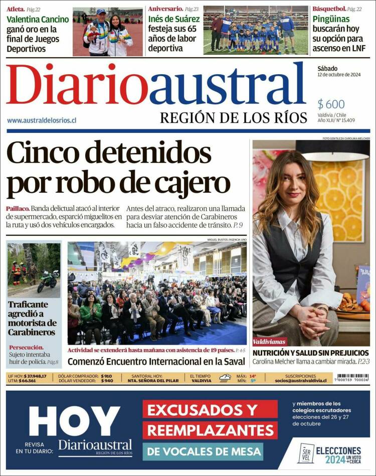 Portada de El Diario Austral de Valdivia (Chile)