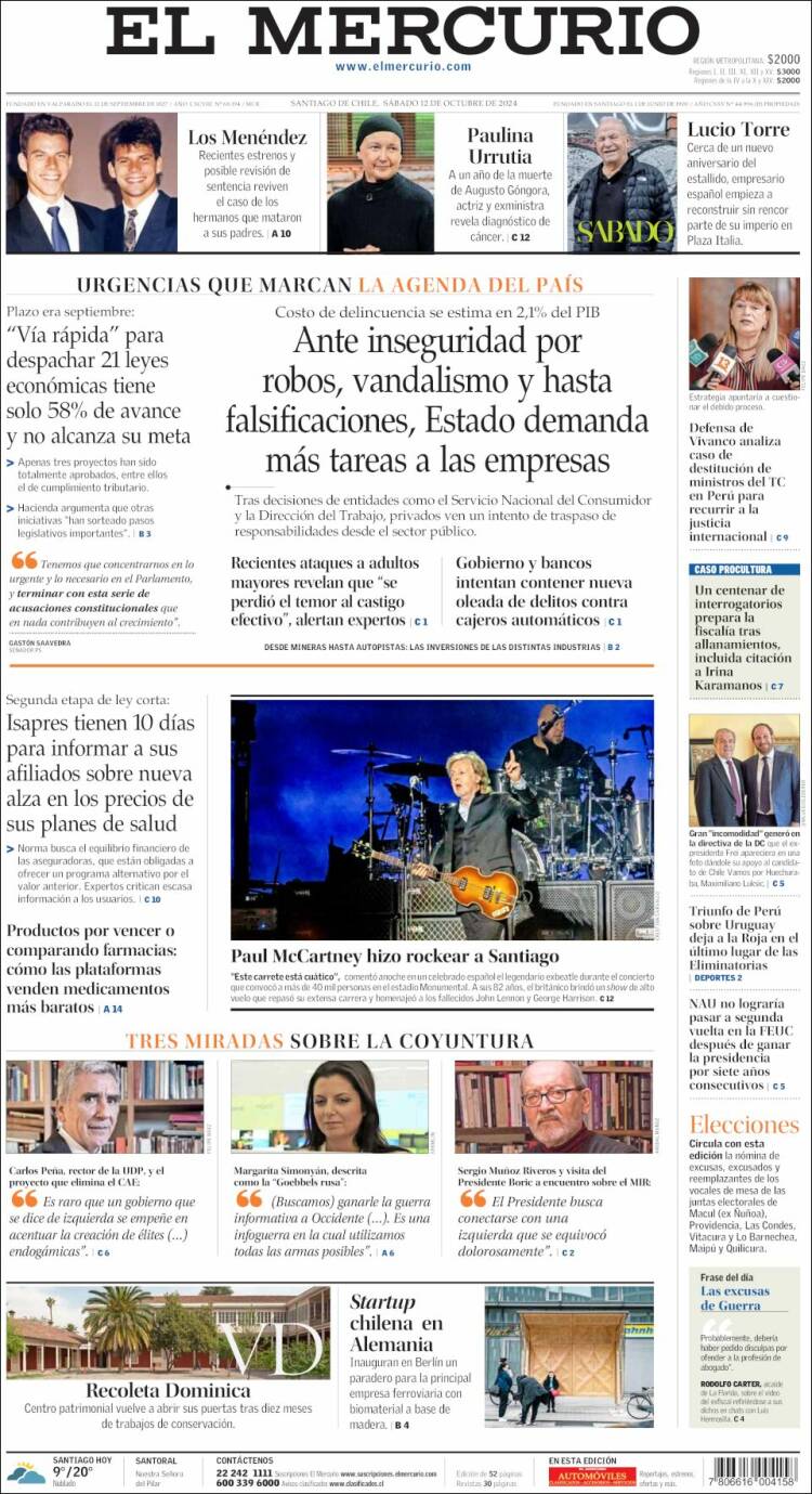 Portada de El Mercurio (Chile)
