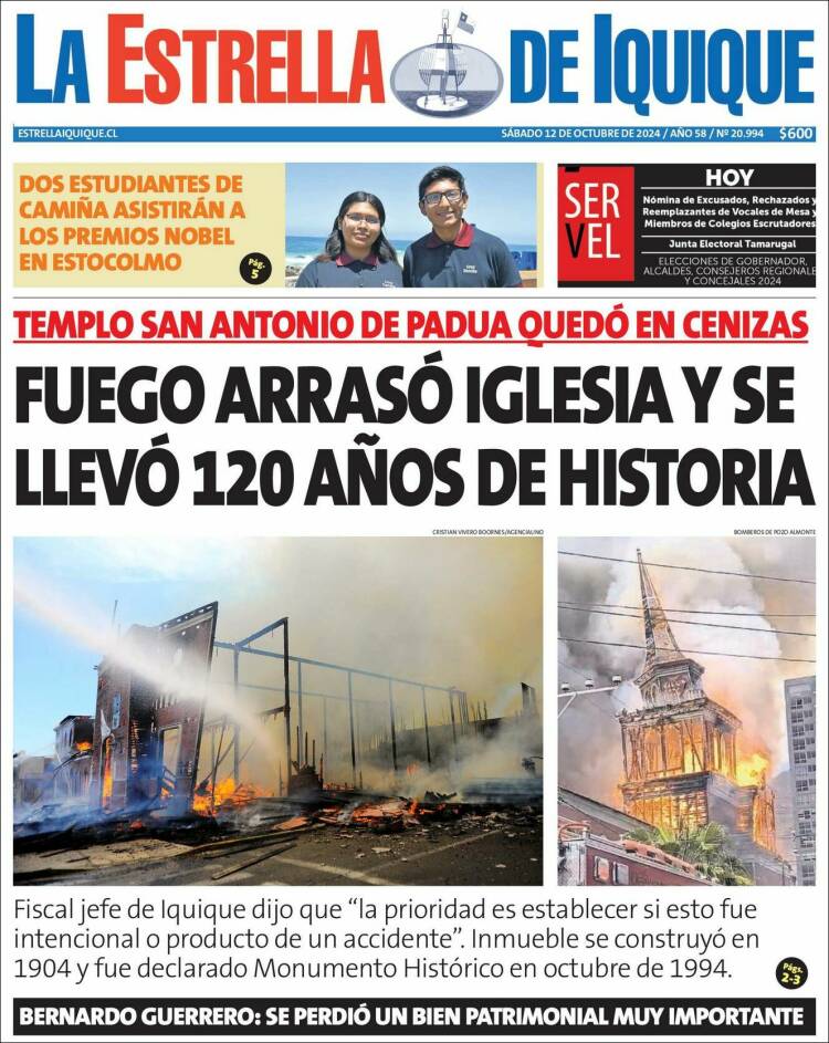 Portada de La Estrella de Iquique (Chile)