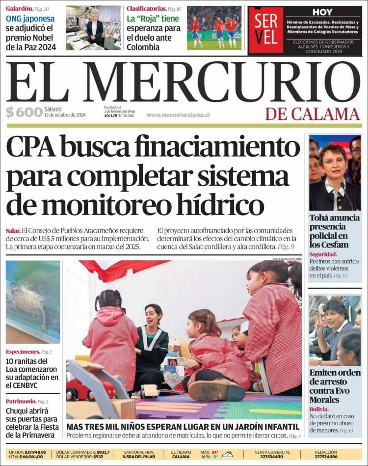 Portada de El Mercurio - Calama (Chile)