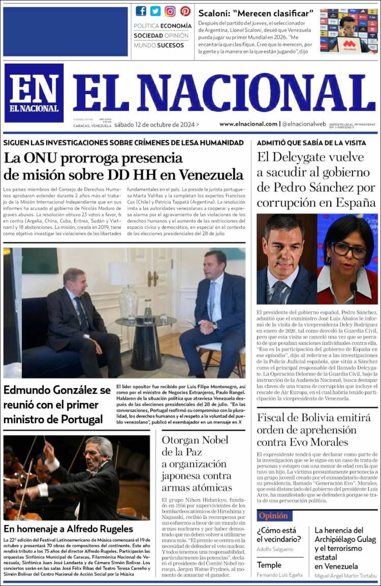 Portada de El Nacional (Venezuela)