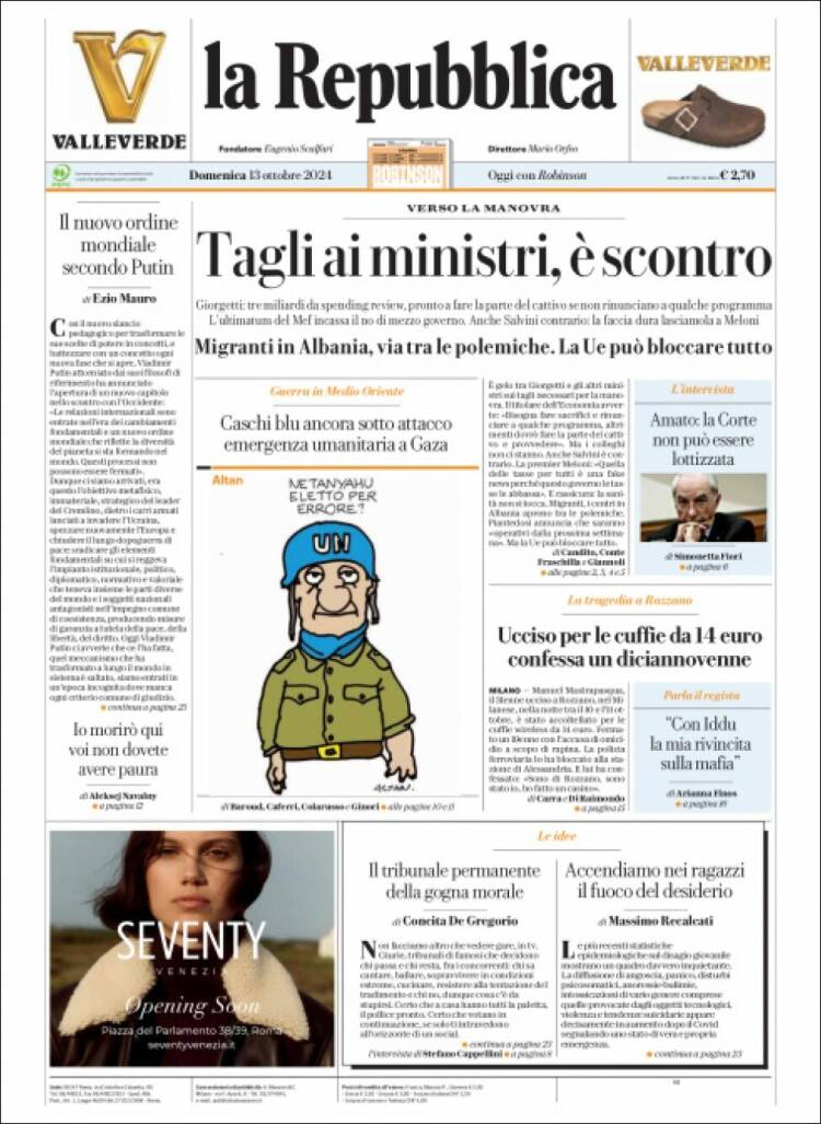 Portada de La Repubblica (Italia)