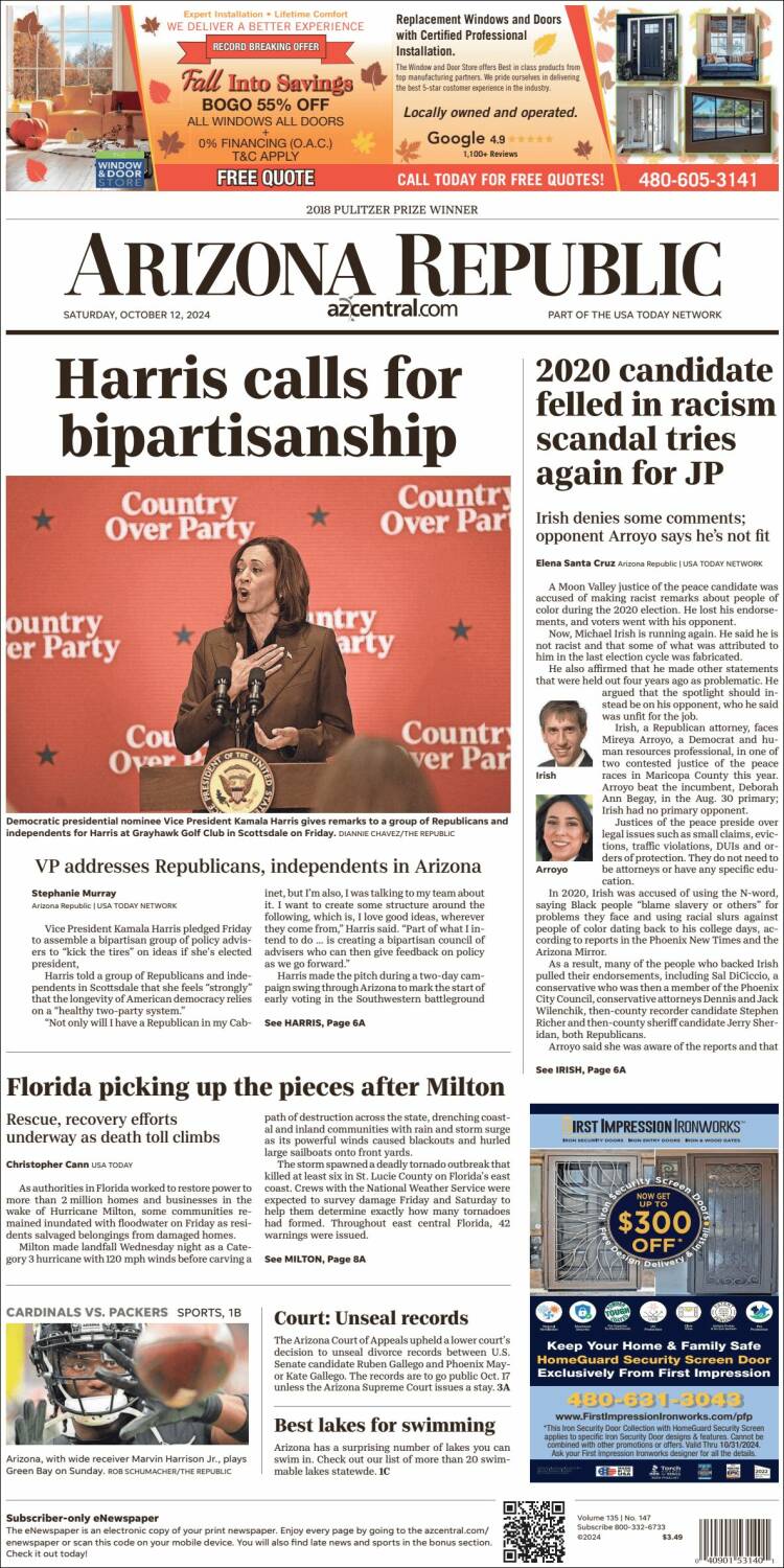 Portada de Arizona Republic News (USA)