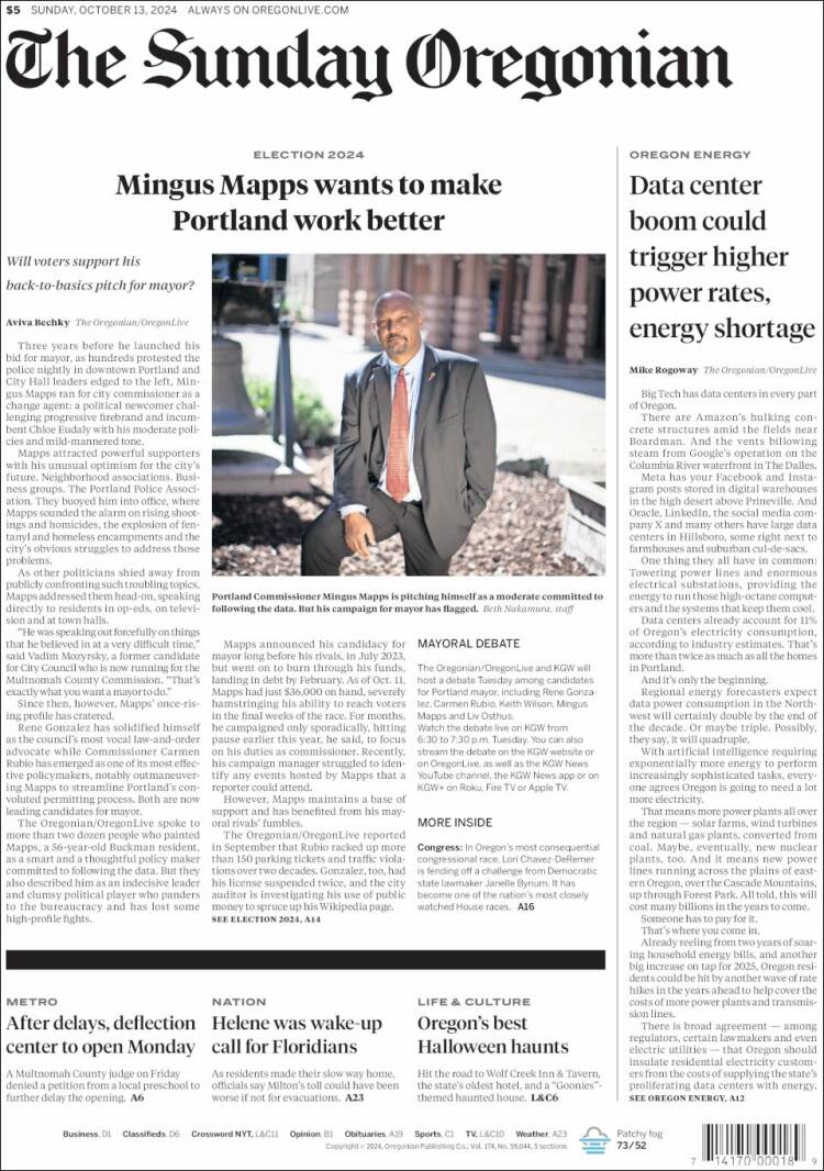 Portada de The Oregonian (USA)