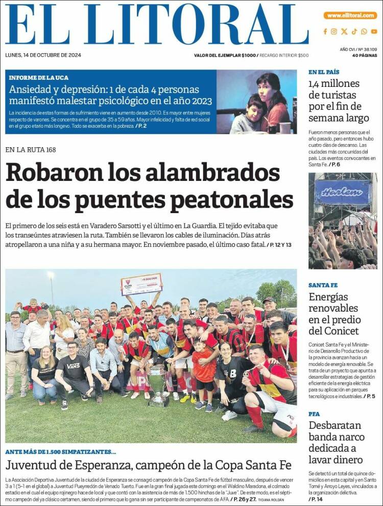 Portada de Diario El Litoral (Argentina)