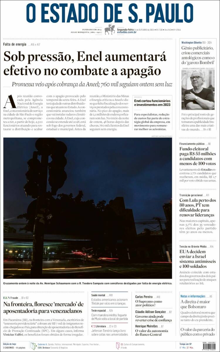 Portada de O Estado de São Paulo (Brasil)