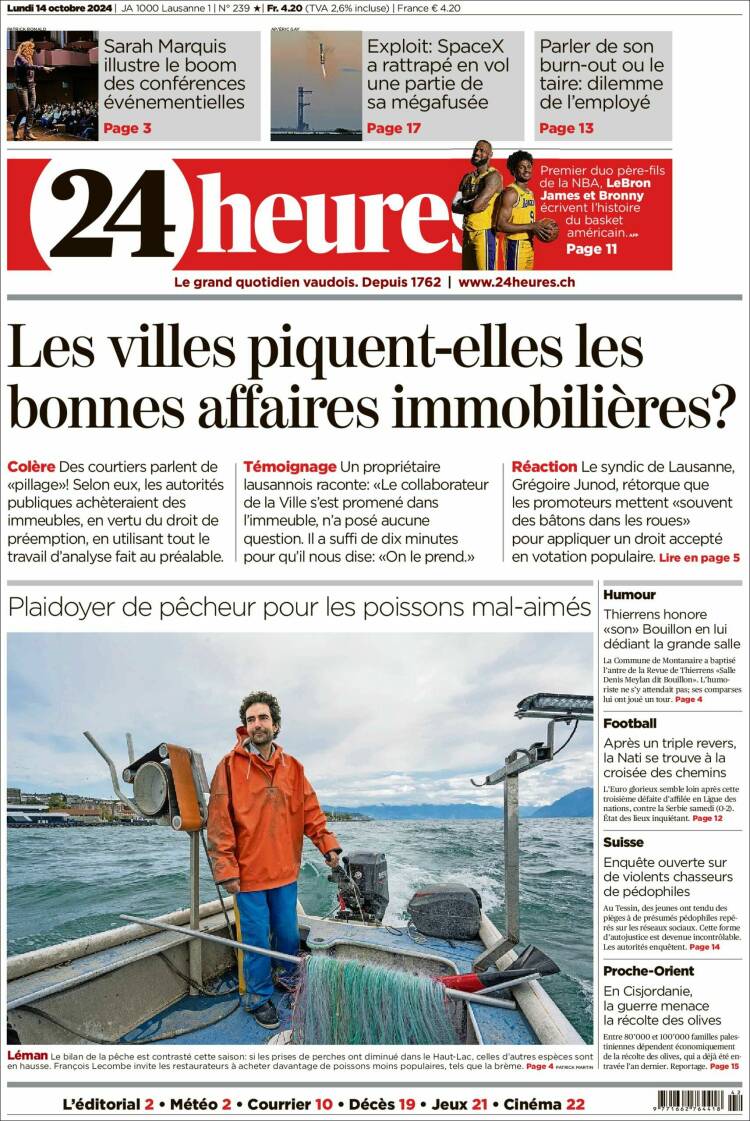 Portada de 24 Heures (Suiza)