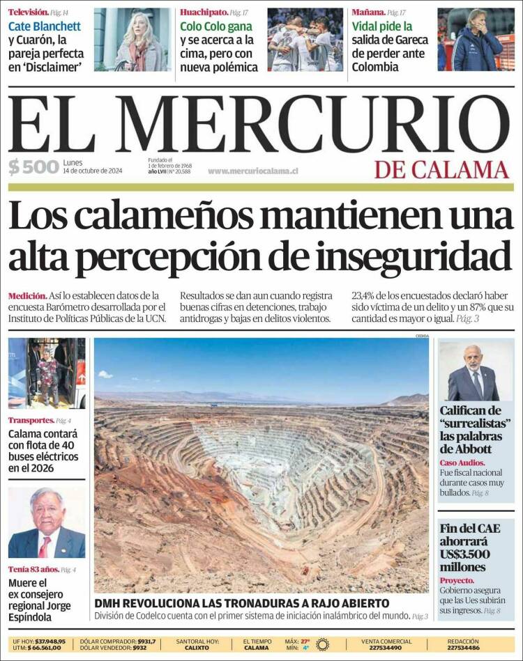 Portada de El Mercurio - Calama (Chile)