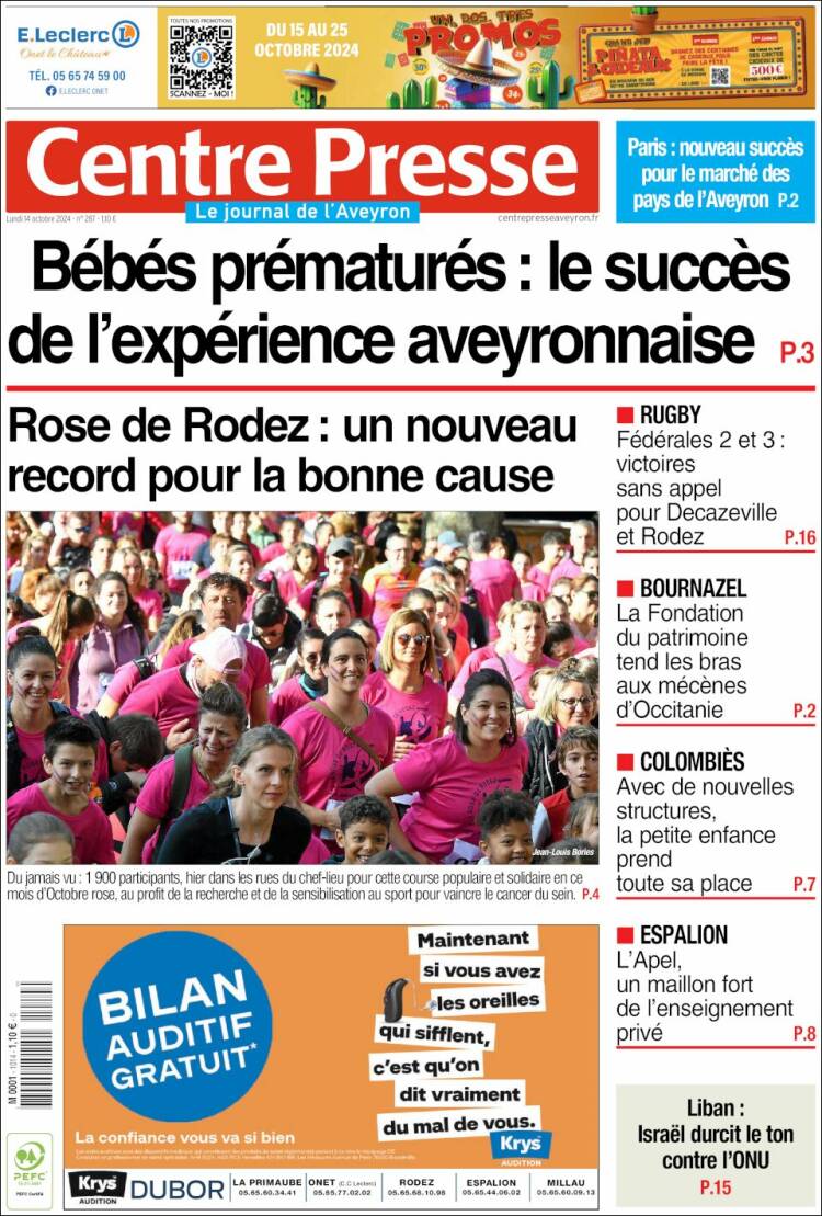 Portada de Centre Presse (Francia)