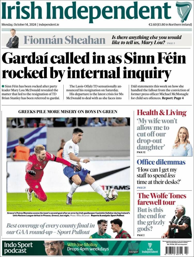 Portada de Irish Independent (Irlanda)