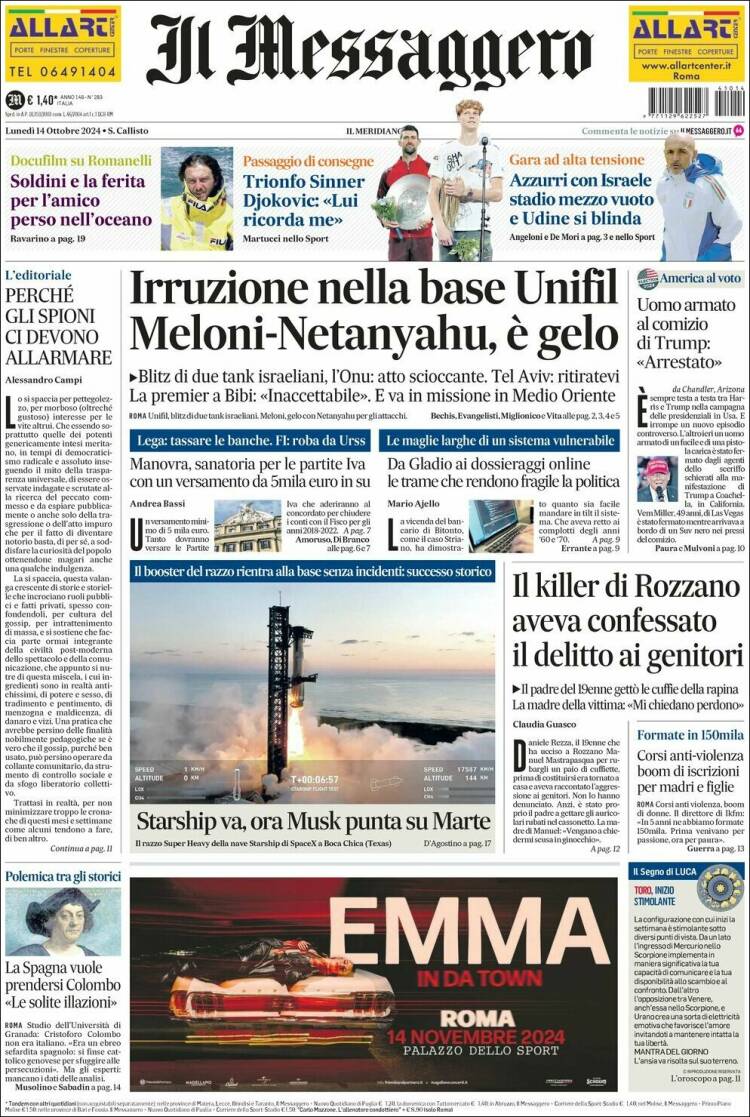 Portada de Il Messaggero (Italia)