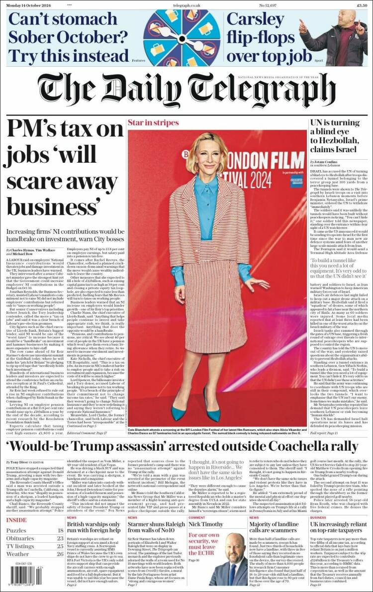 Portada de Daily Telegraph (Reino Unido)