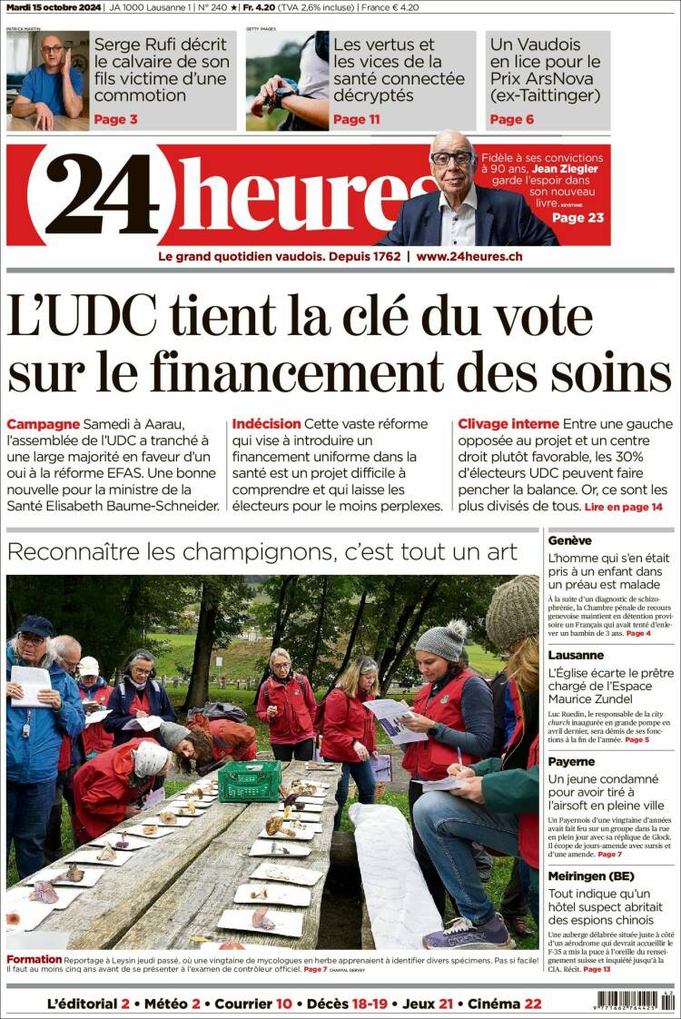 Portada de 24 Heures (Suiza)