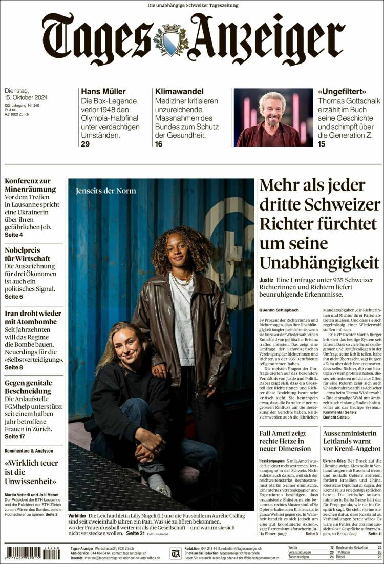 Portada de Tages-Anzeiger (Suiza)