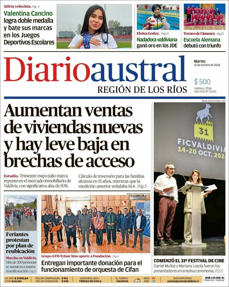 Portada de El Diario Austral de Valdivia (Chile)