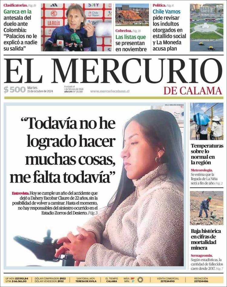 Portada de El Mercurio - Calama (Chile)