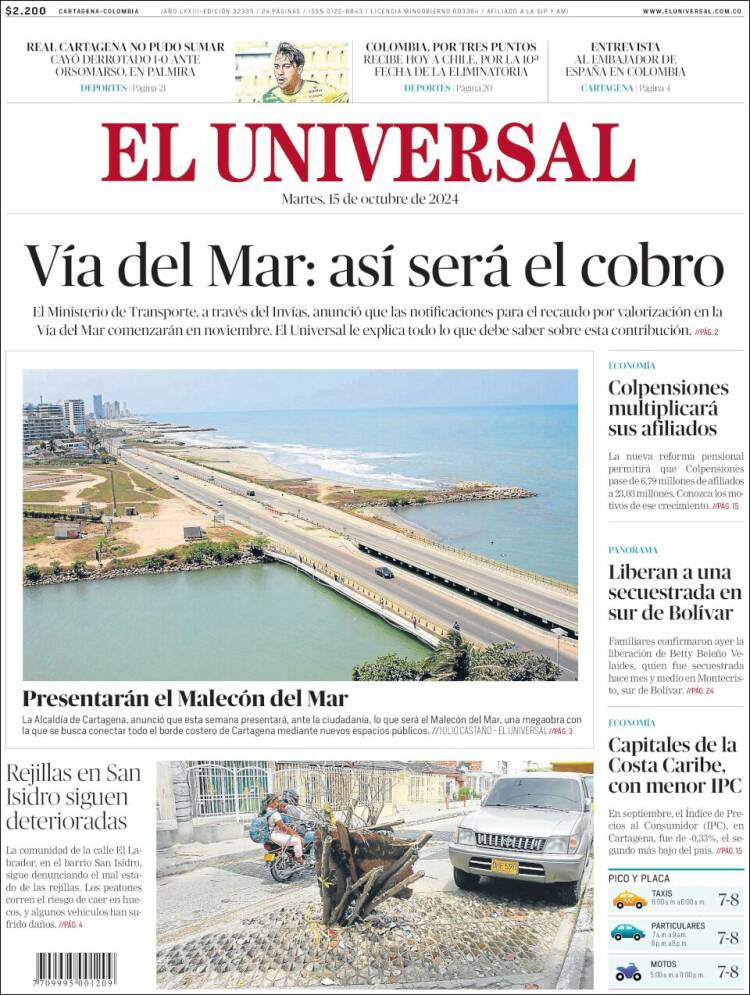 Portada de El Universal (Colombia)