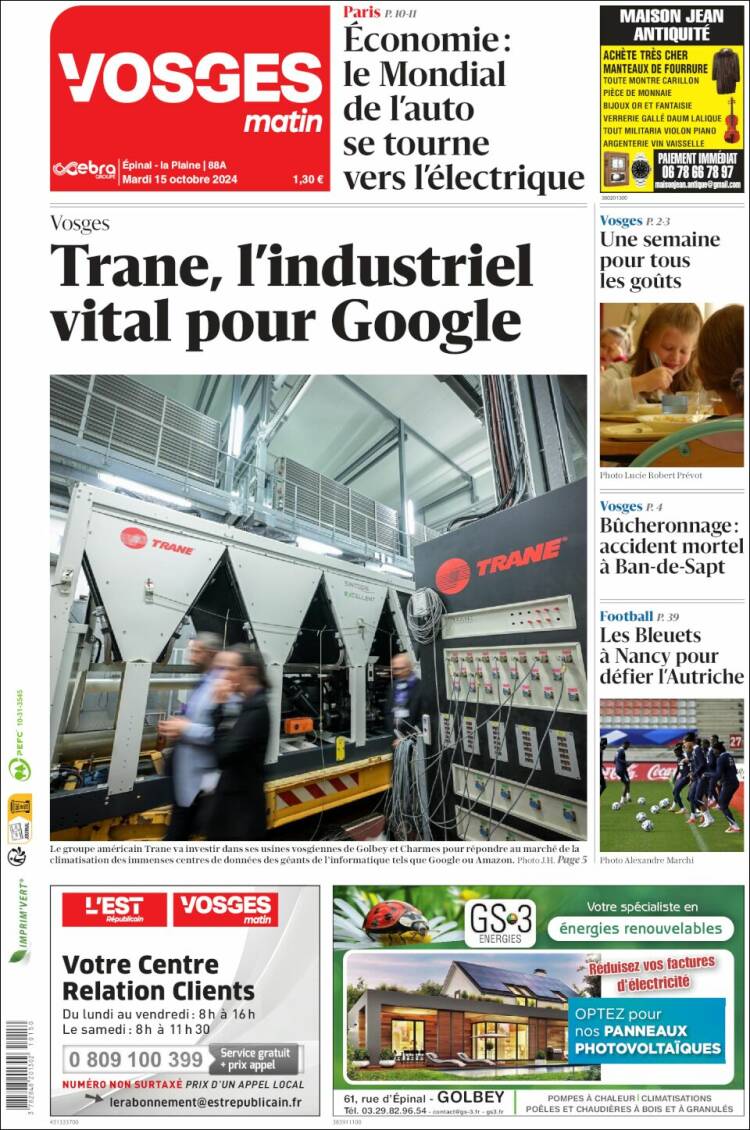 Portada de Vosges Matin (Francia)