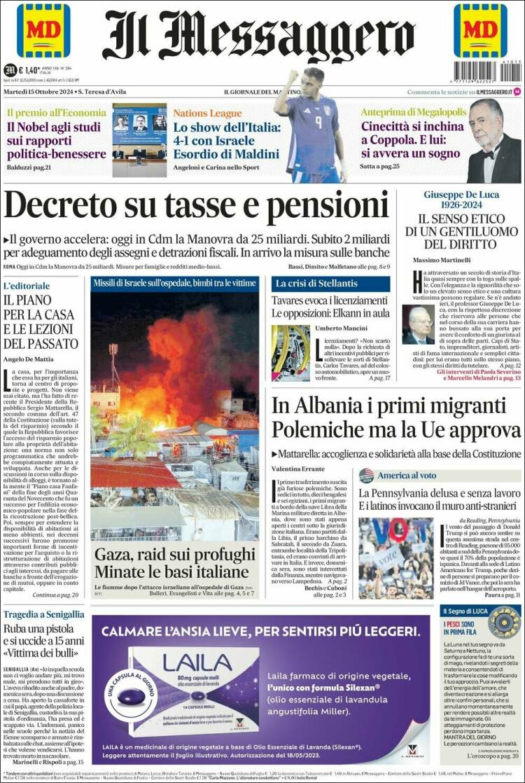 Portada de Il Messaggero (Italia)