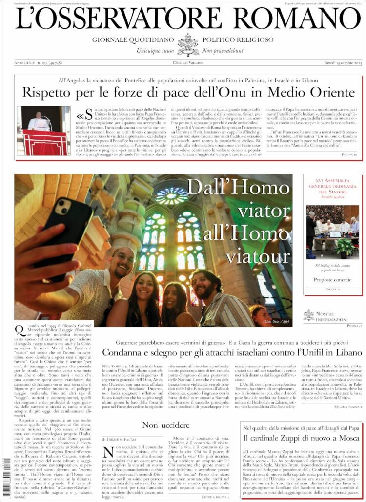 Portada de L'Osservatore Romano (Italia)