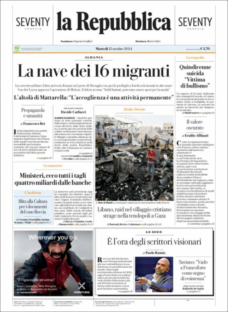 Portada de La Repubblica (Italia)