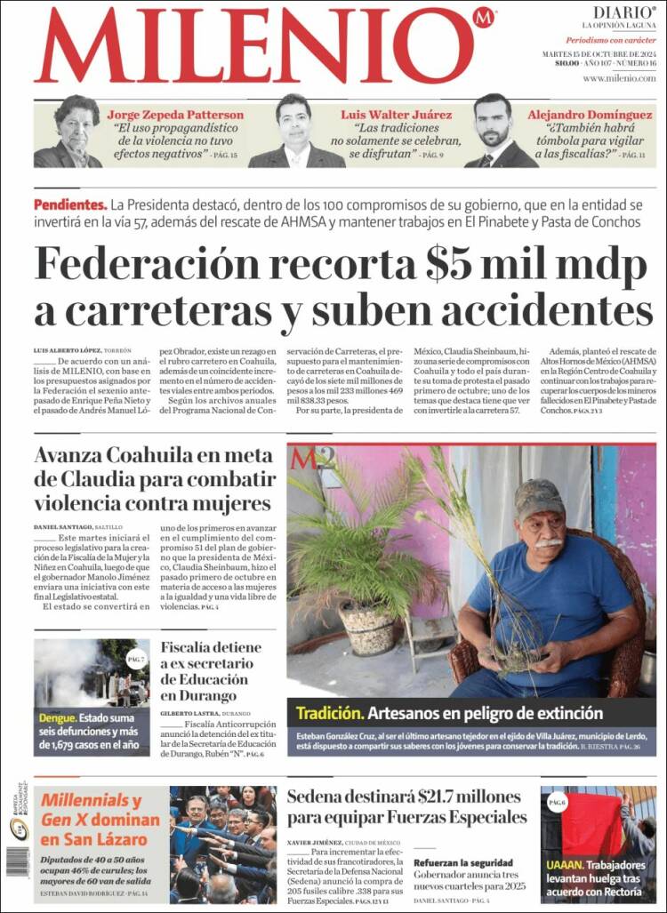 Portada de Milenio - Laguna (México)