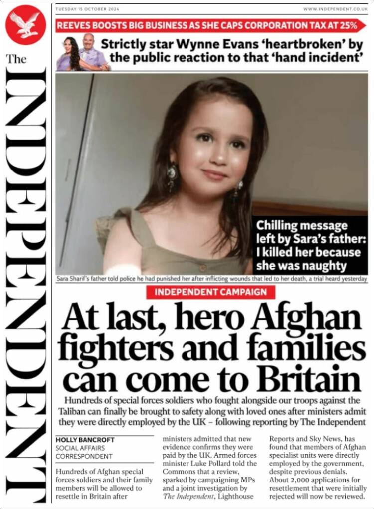 Portada de The Independent (Reino Unido)