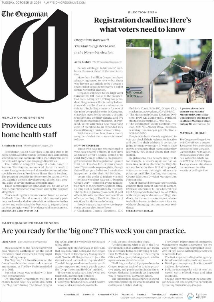 Portada de The Oregonian (USA)