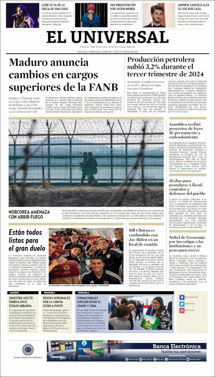 Portada de Universal (Venezuela)