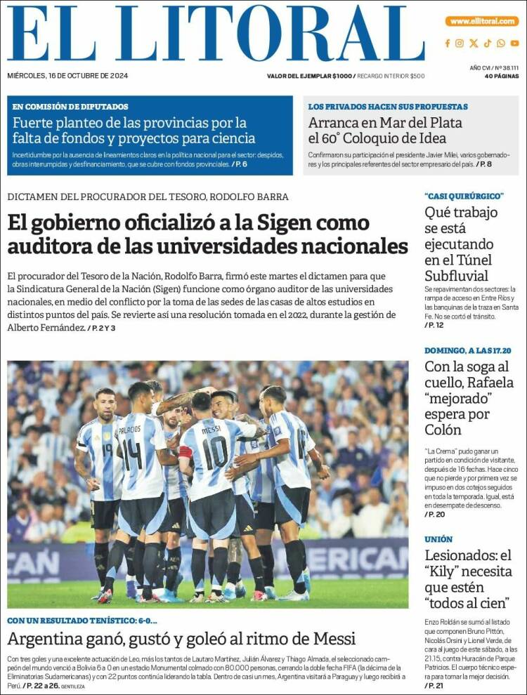 Portada de Diario El Litoral (Argentina)