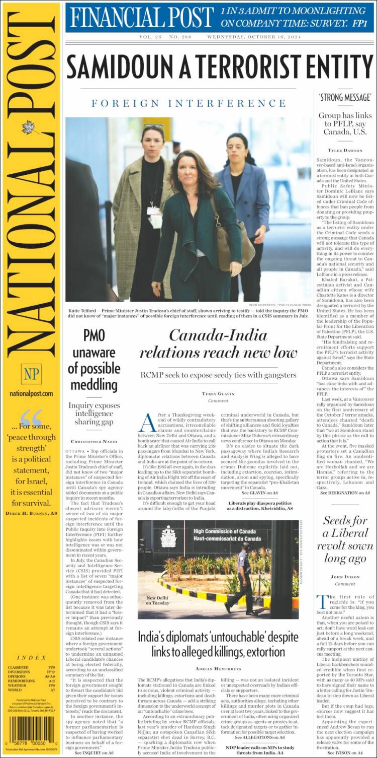 Portada de The National Post (Canadá)