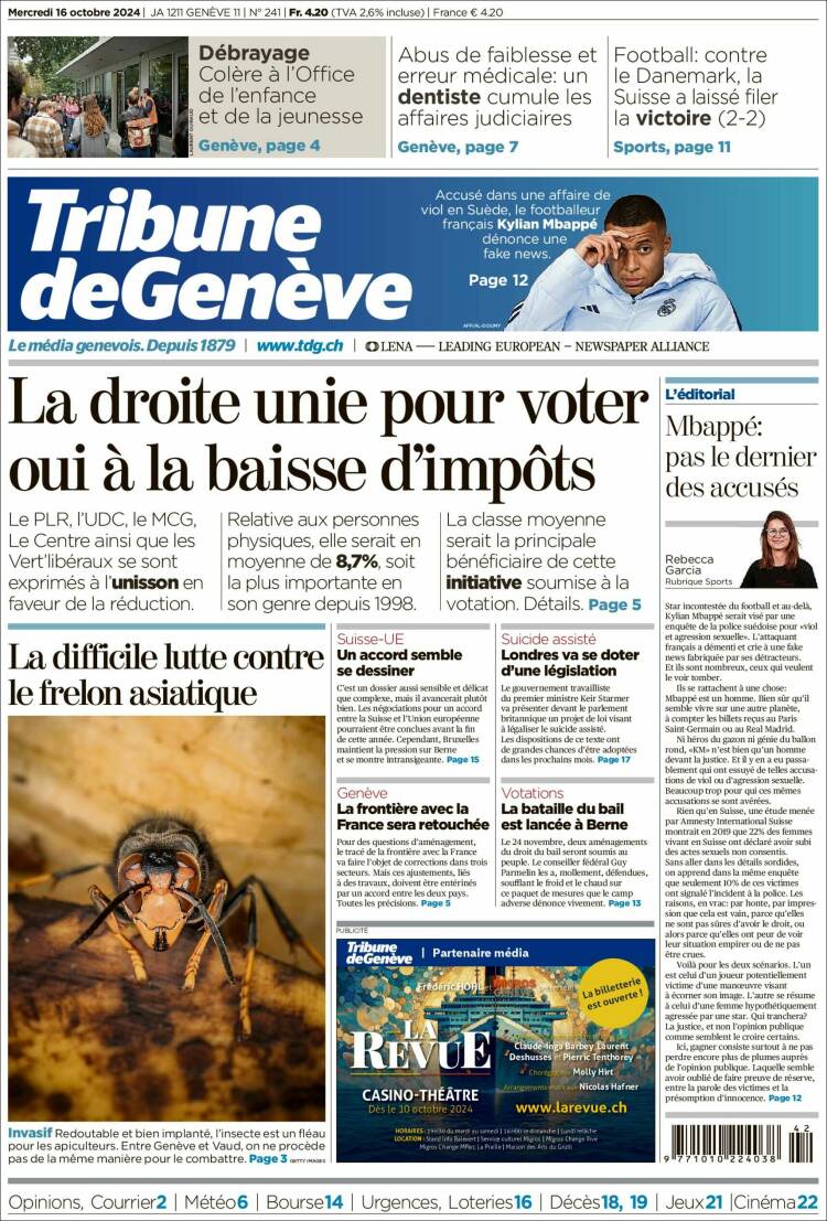 Portada de La Tribune de Genève (Suiza)