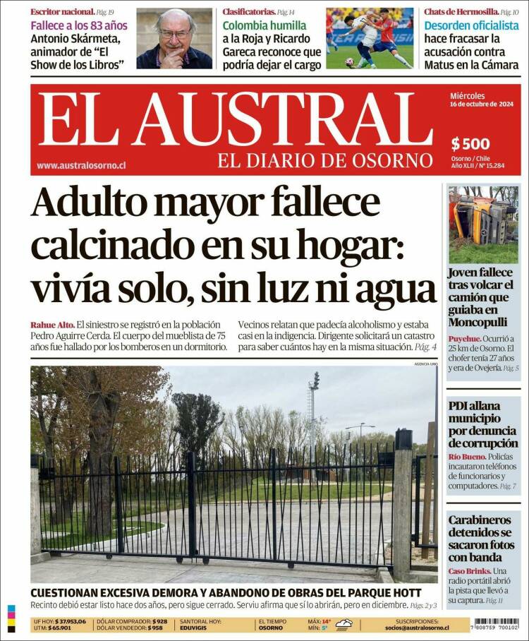 Portada de El Austral de Osorno (Chile)