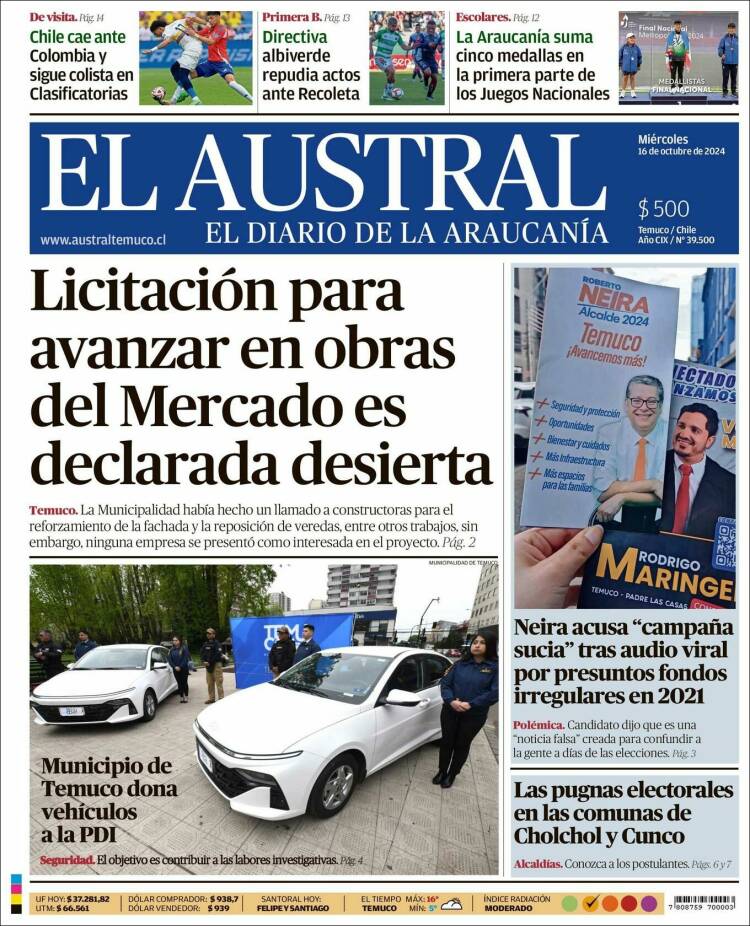 Portada de El Austral de Temuco (Chile)