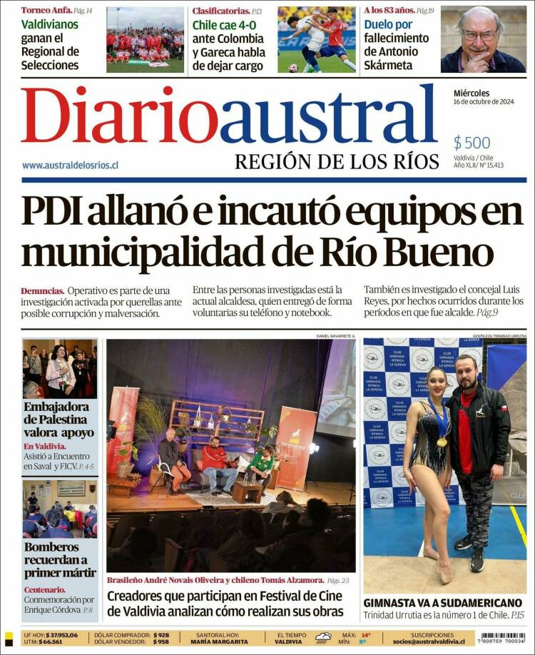 Portada de El Diario Austral de Valdivia (Chile)