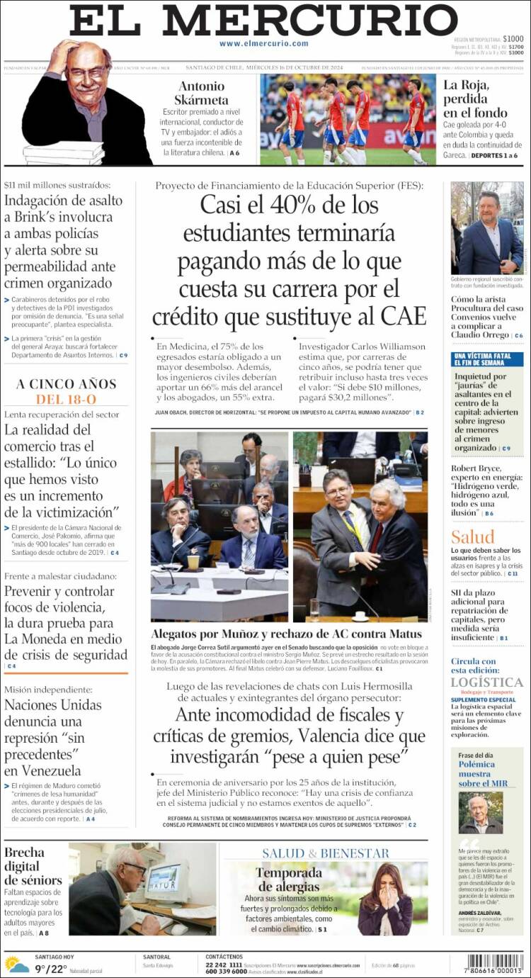 Portada de El Mercurio (Chile)