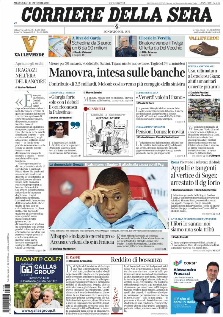 Portada de Corriere della Sera (Italia)