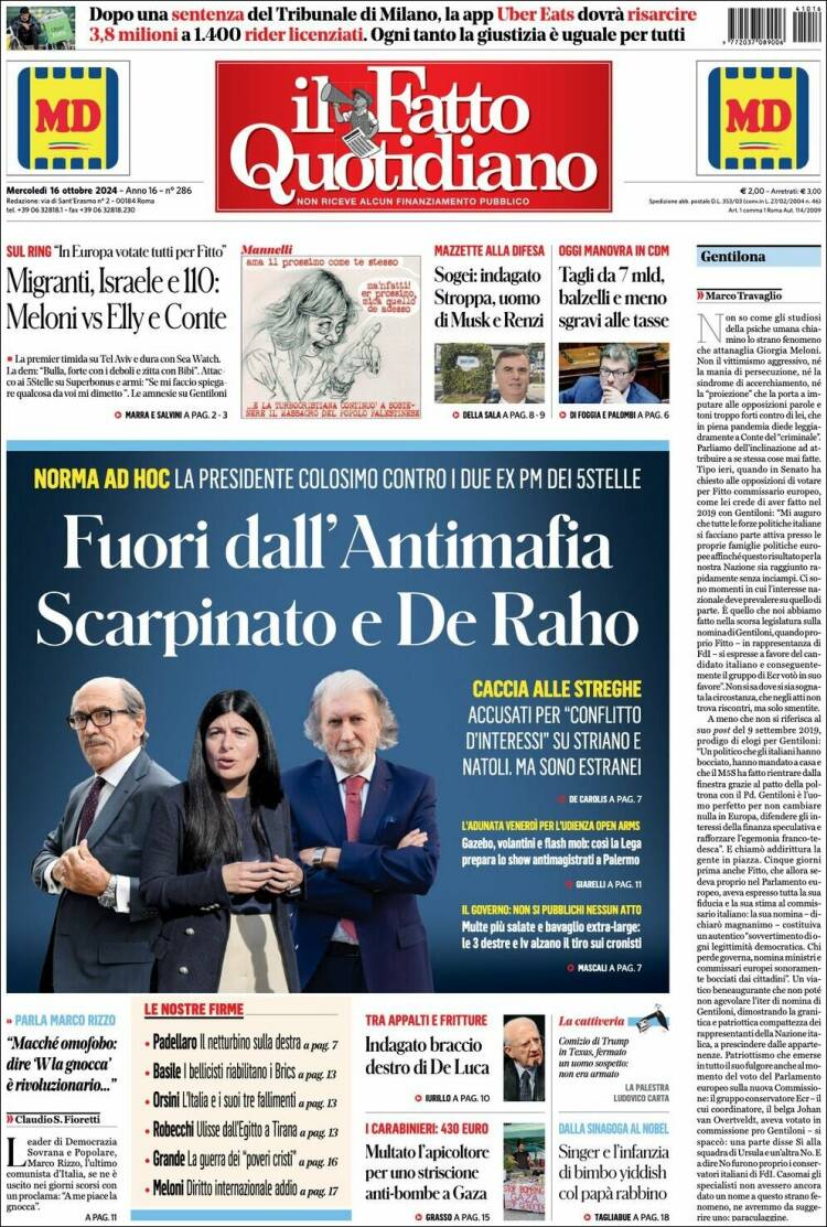 Portada de Il Fatto Quotidiano (Italia)