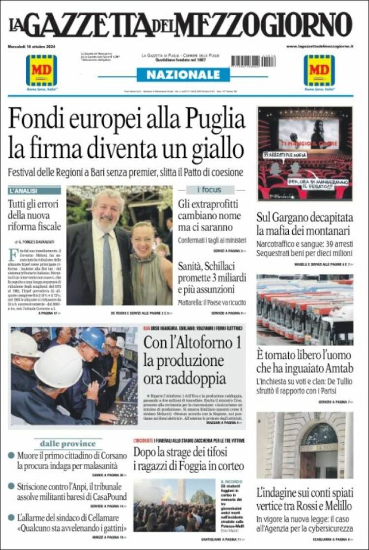 Portada de La Gazzetta del Mezzogiorno (Italia)