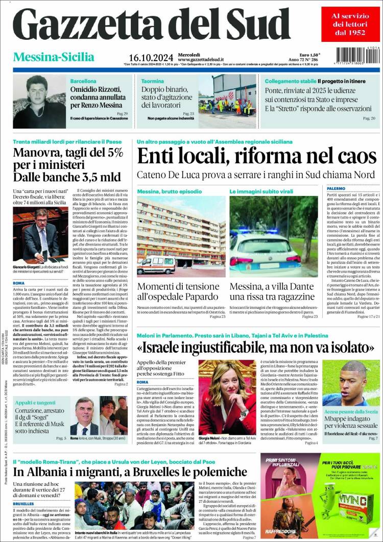 Portada de Gazzetta del Sud (Italia)