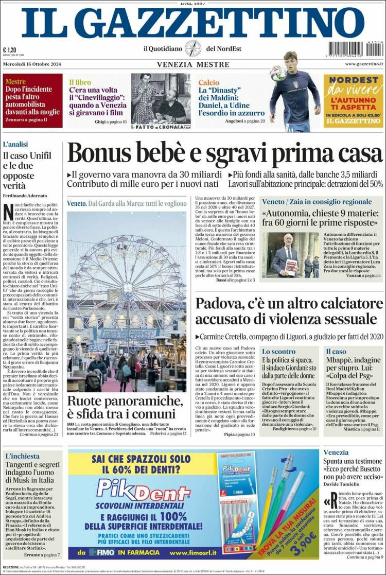 Portada de Il Gazzettino (Italia)