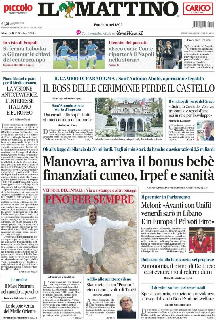 Portada de Il Mattino (Italia)