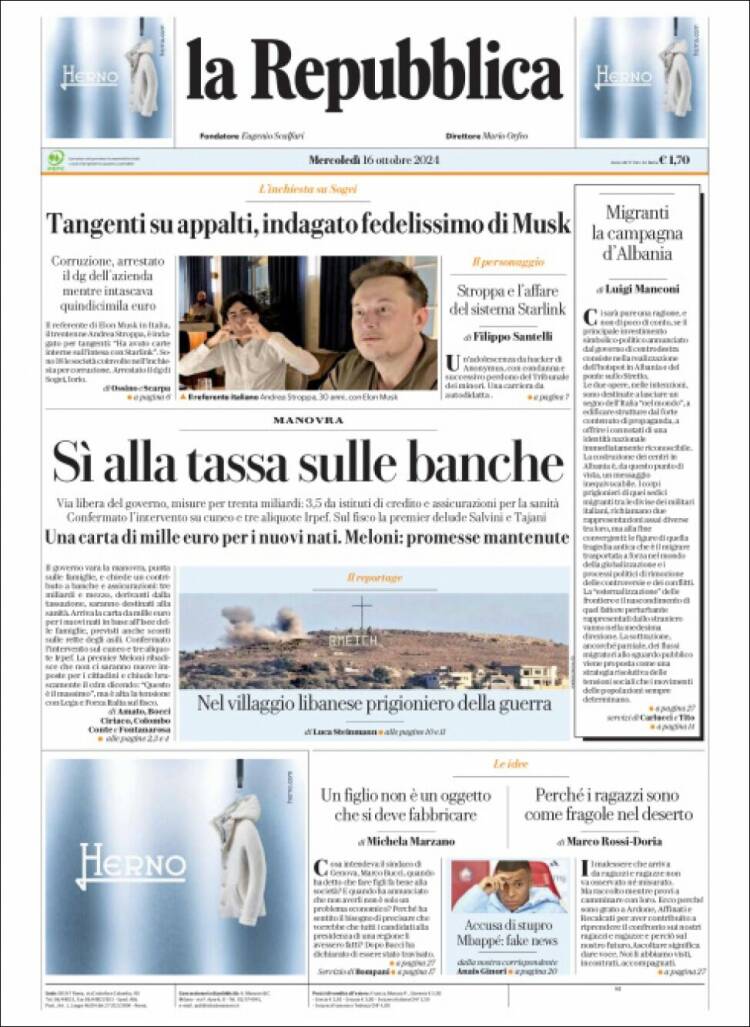 Portada de La Repubblica (Italia)