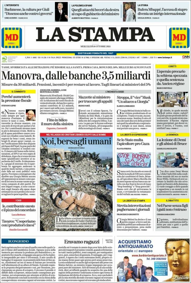 Portada de La Stampa (Italia)