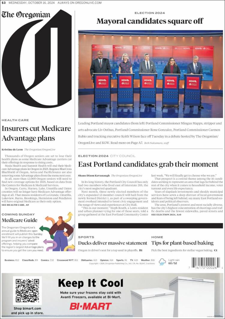 Portada de The Oregonian (USA)